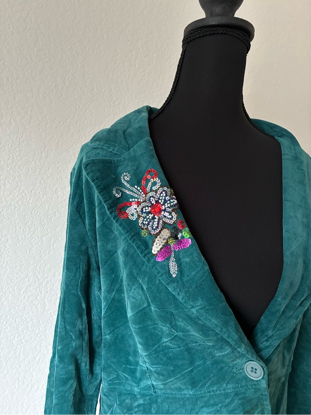 Beaded Embellished Teal Corduroy Blazer Bohemian Artsy Free Spirit Everyday - Picture 3 of 6